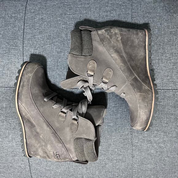 Ugg Wedge Boot Women 7 Mole Brown Kriston Nubuck Leather Waterproof - Picture 4 of 9